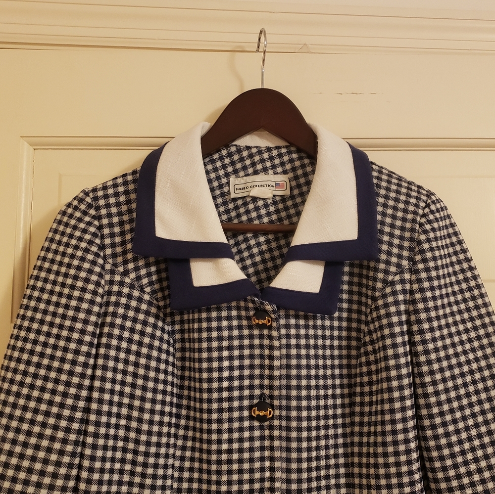 Pablo Collection navy blue and white skirt jacket set, 10 - Picture 5 of 10